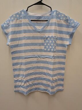 d&co XS Blue White Striped Star Pocket V Neck Patriotic Tee Shirt